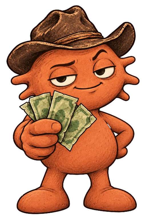 Lowball Claude, an orange creature in a weathered cowboy hat, holding out three crumpled dollar bills with one hand on his hip